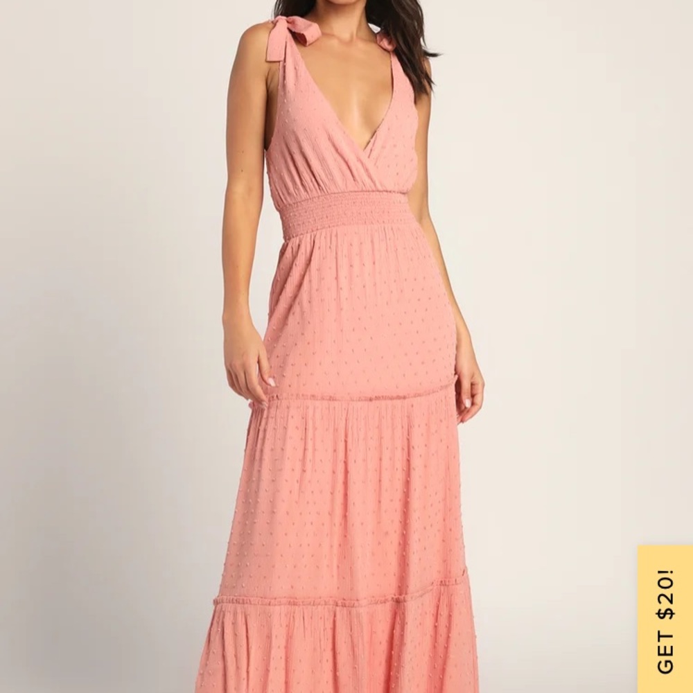 NWT Lulus Rust Rose Sensationally Sweet Tie Strap Swiss Dot Maxi Dress.